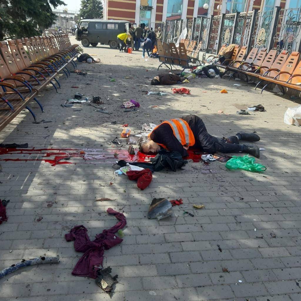 Kramatorsk railway station aftermath, personal belongings scattered across the platform
