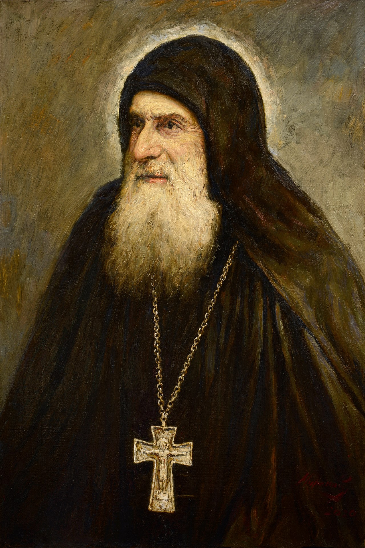 Painted portrait of St. Gabriel (Urgebadze) of Georgia in black monastic vestments with a pectoral cross, depicted with a subtle halo