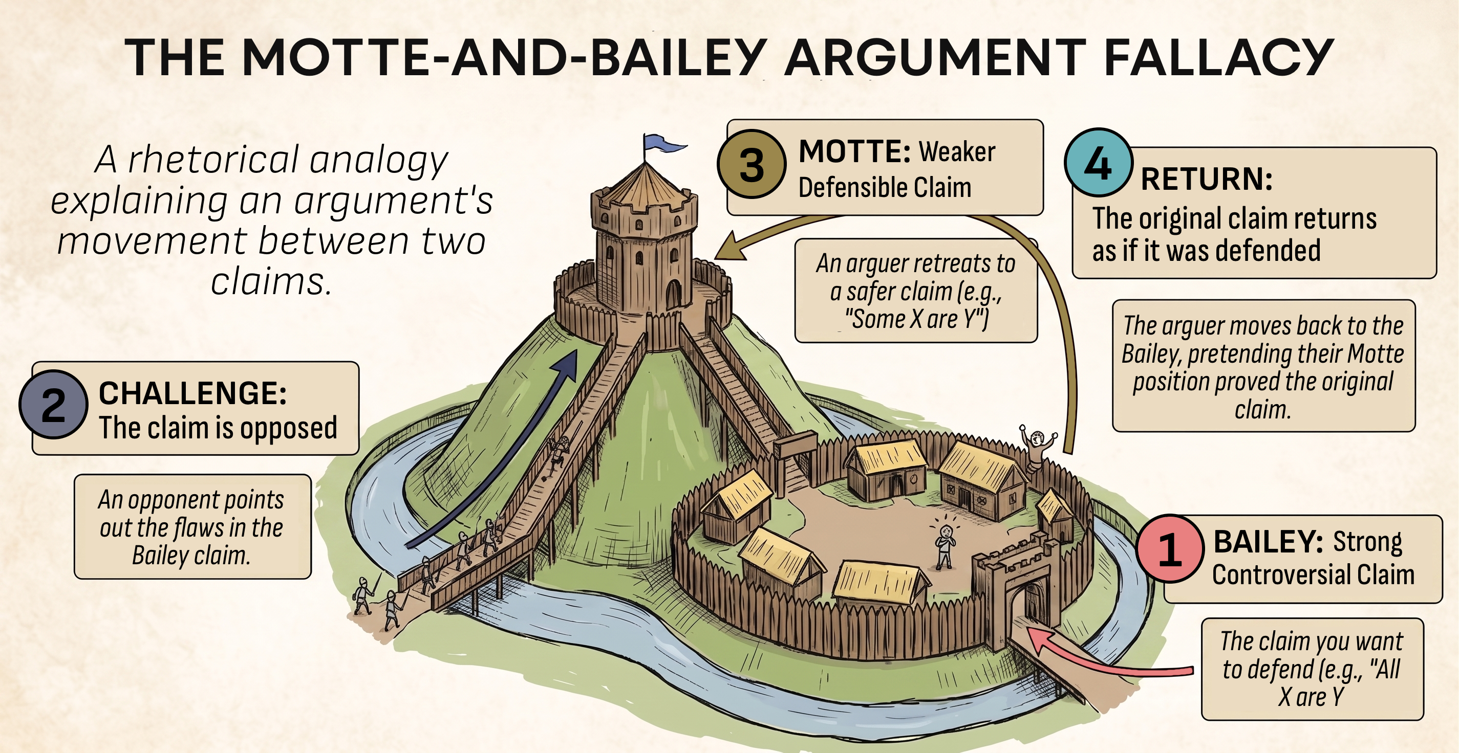 Infographic titled How the Motte-and-Bailey Works, showing a hard claim retreating to an easier claim and then returning to the original claim
